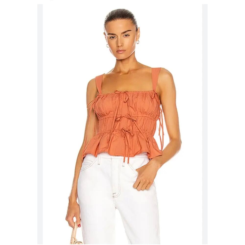 Ulla Johnson Rust Orange Ruched Tie-Front Sleeveless Blouse